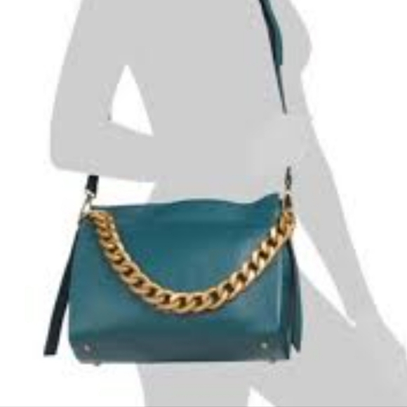 Viola Castellani Genuine Leather Handbag Blue Teal w Chunky Chain Accent - Picture 1 of 10